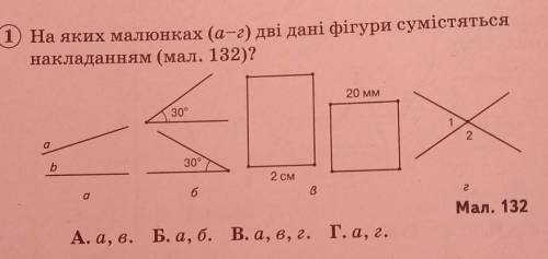 РІВНІСТЬ ГЕОМЕТРИЧНИХ ФІГУР 1 На яких малюнках (а-г) дві дані фігури сумістяться накладанням (мал. 1