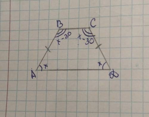 Равнобедренная трапеция угол А минус угол В ровно 30. Найти все углы