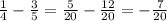 \frac{1}{4} -\frac{3}{5} = \frac{5}{20} - \frac{12}{20} = -\frac{7}{20}