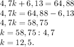 4,7k+6,13=64,88\\4,7k=64,88-6,13\\4,7k=58,75\\k=58,75:4,7\\k=12,5.