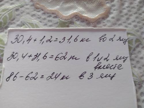 У трьох ящиках є 86 кг цвяхів. У першому - зо,4 кг а в другому - на 1,2 кг більше, ніж у третьому. С