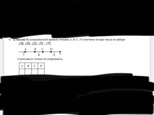 На координатной прямой точками A, B, C, D отмечены четыре числа из набора √48, √68, √62, √52 , √75.