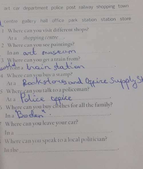 A Complete the sentences with a word from each box. art car department police post railway shopping