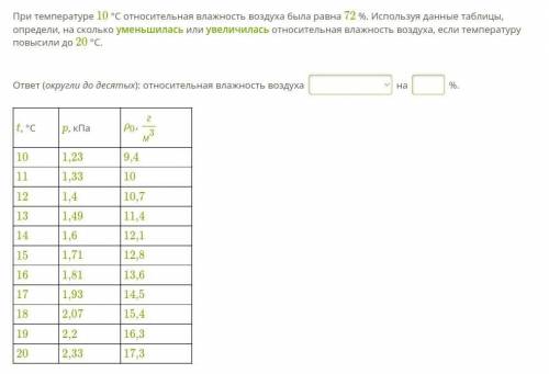 При температуре 10 °С относительная влажность воздуха была равна 72 %. Используя данные таблицы, опр