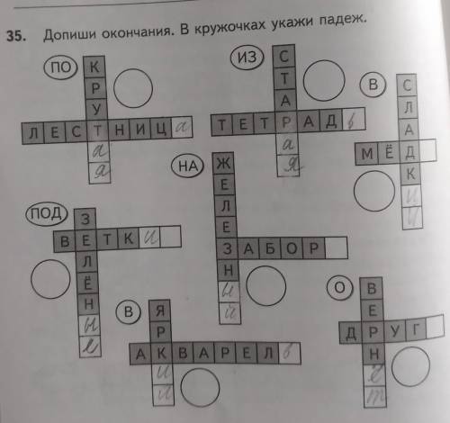 35. Допиши окончания. В кружочках укажи падеж. ИЗ C С ПО) К T р О у ЛЕстница т|E| ТРАДА C с Л А. МЕД