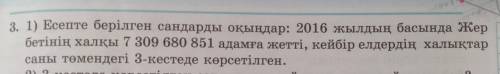 . Есепте берилген сандарды окындар: 2016 жылдын басында Жер бетинин халкы 7309 680 851 адамга жетти,