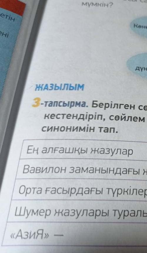 3-тапсырма. Берілген сөздер мен сөз тіркестерін мағынасына қарай сәй- кестендіріп, сөйлем құрап жаз.