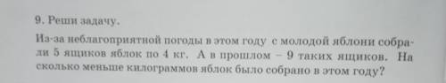 О 9. Реши задачу.Из-за неблагоприятной погоды в этом году с молодой яблони собра-ли 5 ящиков яблок п