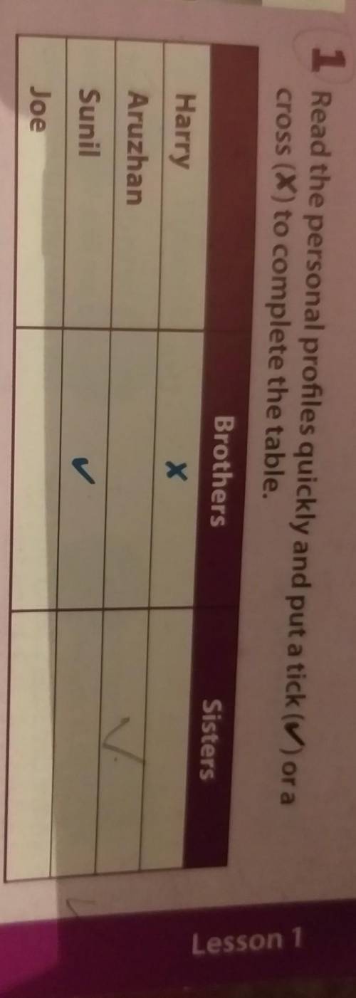 1 Read the personal profiles quickly and put a tick (ora cross (X) to complete the table. Brothers S