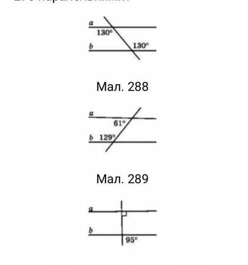 Чи є прямі a i b на малюнках 288-290 паралельними?
