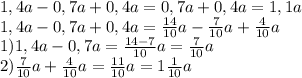 1,4a-0, 7a+0, 4a=0,7a+0,4a=1,1a\\1,4a-0, 7a+0, 4a=\frac{14}{10}a- \frac{7}{10}a+ \frac{4}{10}a \\1)1,4a-0,7a=\frac{14-7}{10} a=\frac{7}{10}a \\2)\frac{7}{10}a +\frac{4}{10}a=\frac{11}{10} a=1\frac{1}{10} a