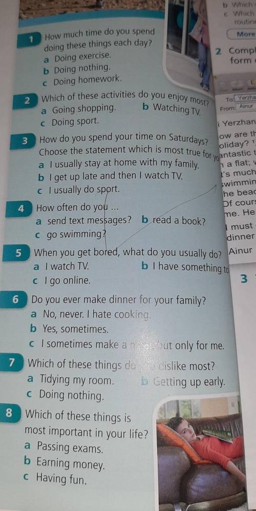 1 How much time do you spend doing these things each day? a Doing exercise. b Doing nothing c Doing