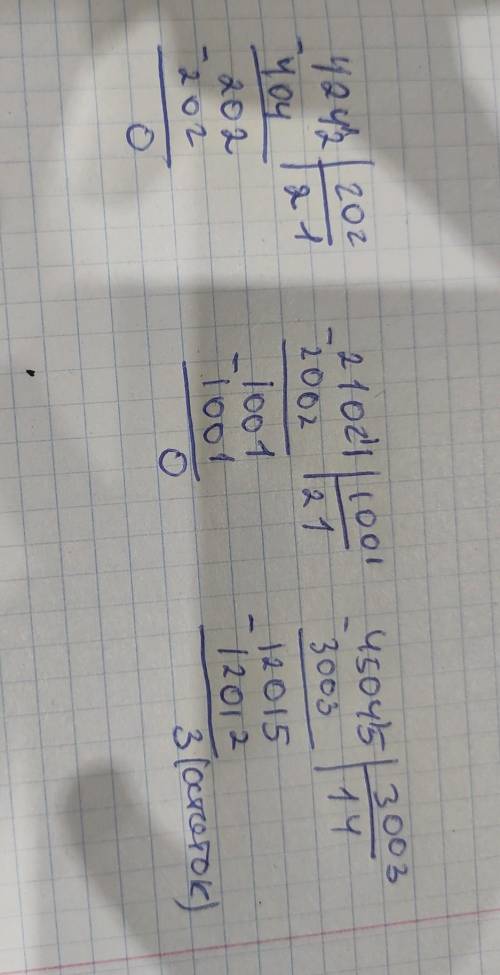 4) 4242 : 202; 5) 21021 : 1001; 6) 45045 : 3003;столбиком​