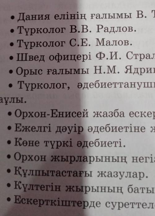 4-тапсырма. Берілген мәліметтер бойынша көне түркі жазба ескерткіштерін тұңғыш зерттеуші ғалым ретін