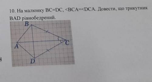 На малюнку BC=DC. <BCA=<DCA. Довести, що трикутникBAD рiвнобедрений.