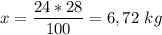 \displaystyle x=\frac{24*28}{100}=6,72 \ kg