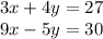 3x + 4y = 27\\9x - 5y = 30