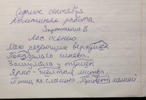 Меж редеющих верхуш..к Показалась синева. Зашумела у опуш..к (Ярко) ж..лтая листва. Птиц не слышно.