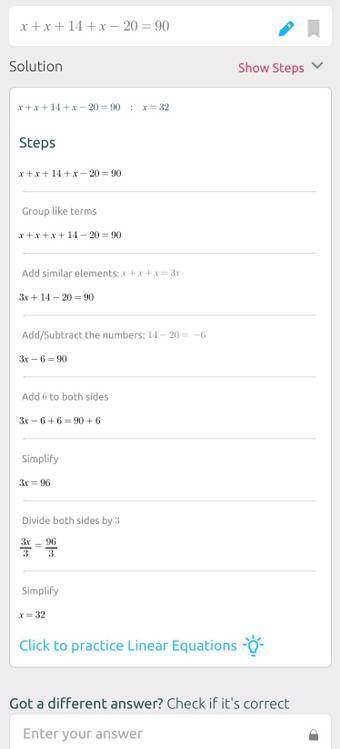 Розв'язати рівняння:x+x+14+x-20=90​