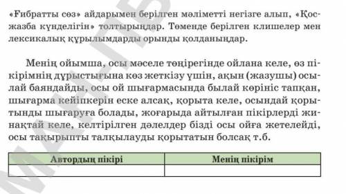 Ғибратты сөз айдарымен берілген мәліметті негізге алып, қос жазба күнделігін толтырыңдар. Төменде бе