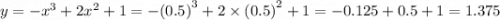 y = - {x}^{3} + 2 {x}^{2} + 1 = - {(0.5)}^{3} + 2 \times {(0.5)}^{2} + 1 = - 0.125 + 0.5 + 1 = 1.375