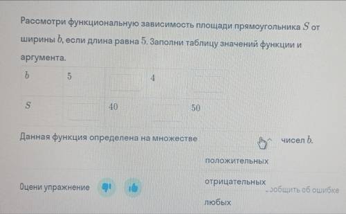 рассмотри функцию зависимости площади прямоугольника s от ширины b, если длина равна 5. заполни табл