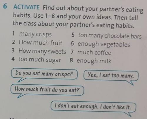 6 ACTIVATE Find out about your partner's eating habits. Use 1-8 and your own ideas. Then tellthe cla