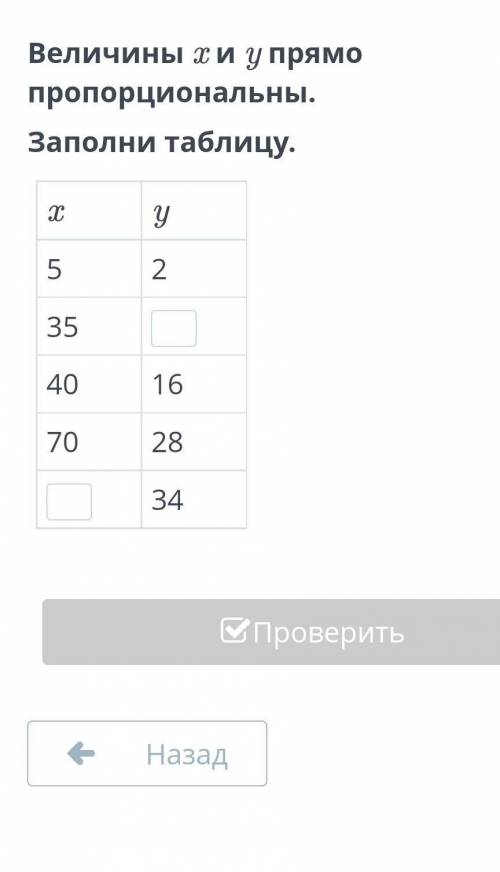 Величины x и y прямо пропорциональны. Заполни таблицу.