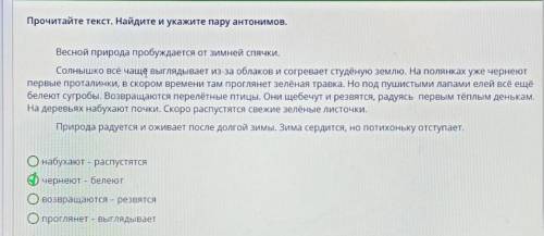 4 Б. Прочитайте текст. Найдите и укажите пару антонимов. Весной природа пробуждается от зимней спячк