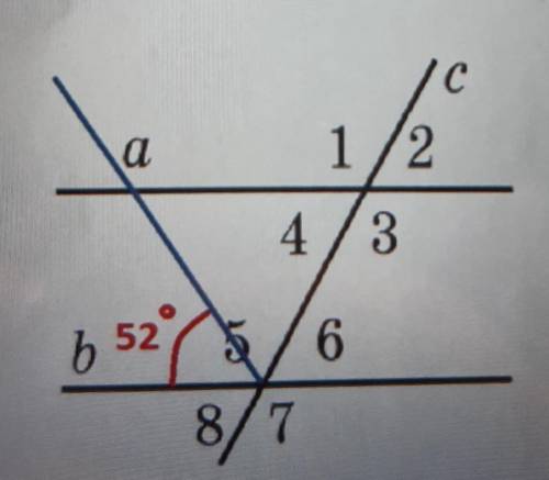 Прямі а і b паралельні, с- січна. Кут між бісектрисою кута 5 ф прямою b(див. малюнок)дорівнює 52°. З