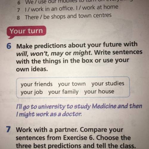 6 Make predictions about your future with will, won't, may or might. Write sentences with the things