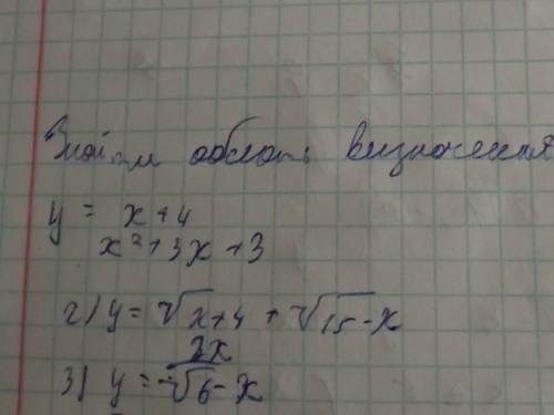 Знайте область визначення 1)y= x+4 x²+3x+3. 2)y=√x+4+√15-x 3)y= 2x √6-x