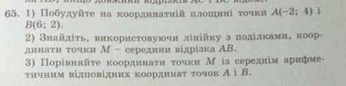 Побудуйте на координатній площині точки А(-2; 4) і B(6; 2). 2) Знайдіть, використовуючи лінійку з по