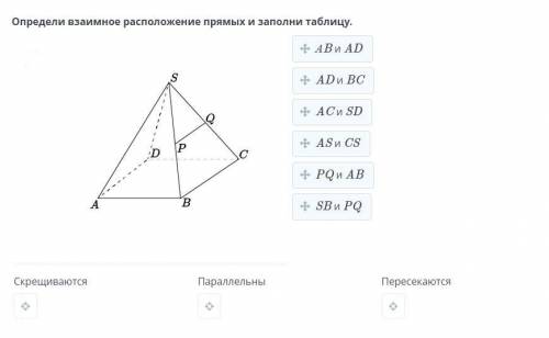 Определи взаимное расположение прямых и заполни таблицу.