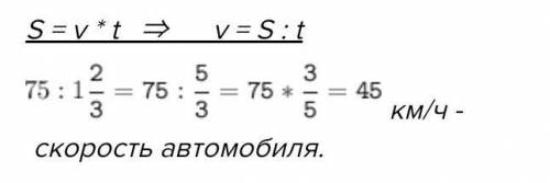 Какова скорость автомобиля,если он проехал 75 км за 1 2/3 часа?