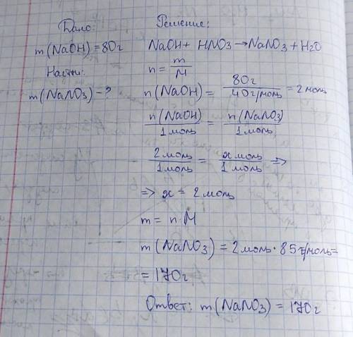 В реакцию с азотной кислотой HNO3 вступило 80 г гидроксида натрия NaOH. Рассчитайте массу образовавш