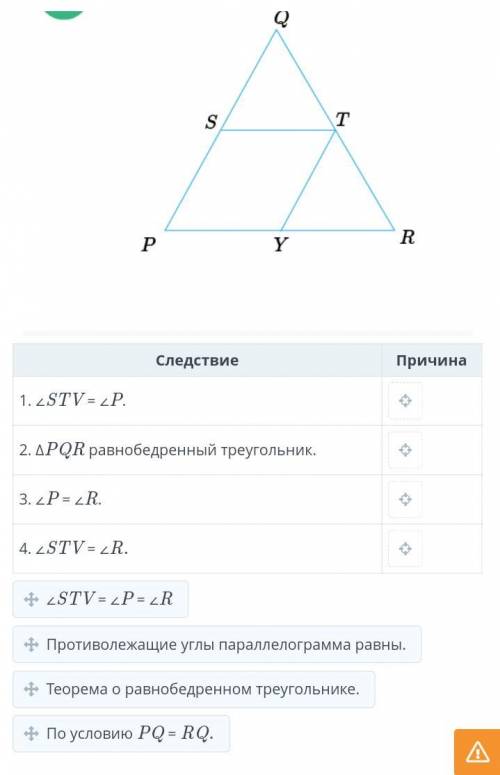 Дано: PSTV – параллелограмм, PQ = RQ. Доказать: ∠STV = ∠R.