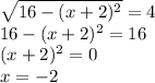 \sqrt{16-(x+2)^2}=4\\16-(x+2)^2=16\\(x+2)^2=0\\x=-2