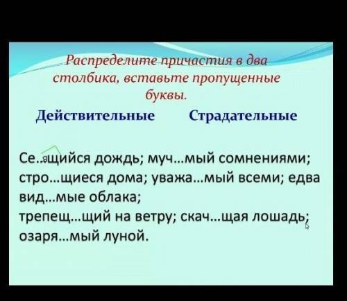 Распределите причастия в два столбика, вставьте пропущенные буквы. Действительные Страдательные Се…я