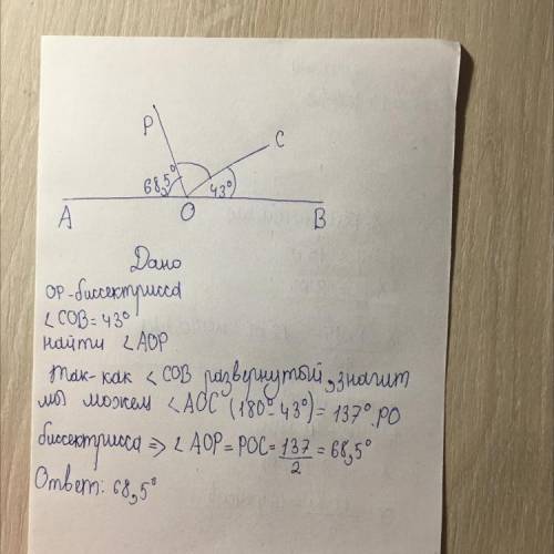 Найдите величину угла AOP, если OP- бис. угла AOC, угол COB = 43 градуса. ответ дайте в градусах. ​