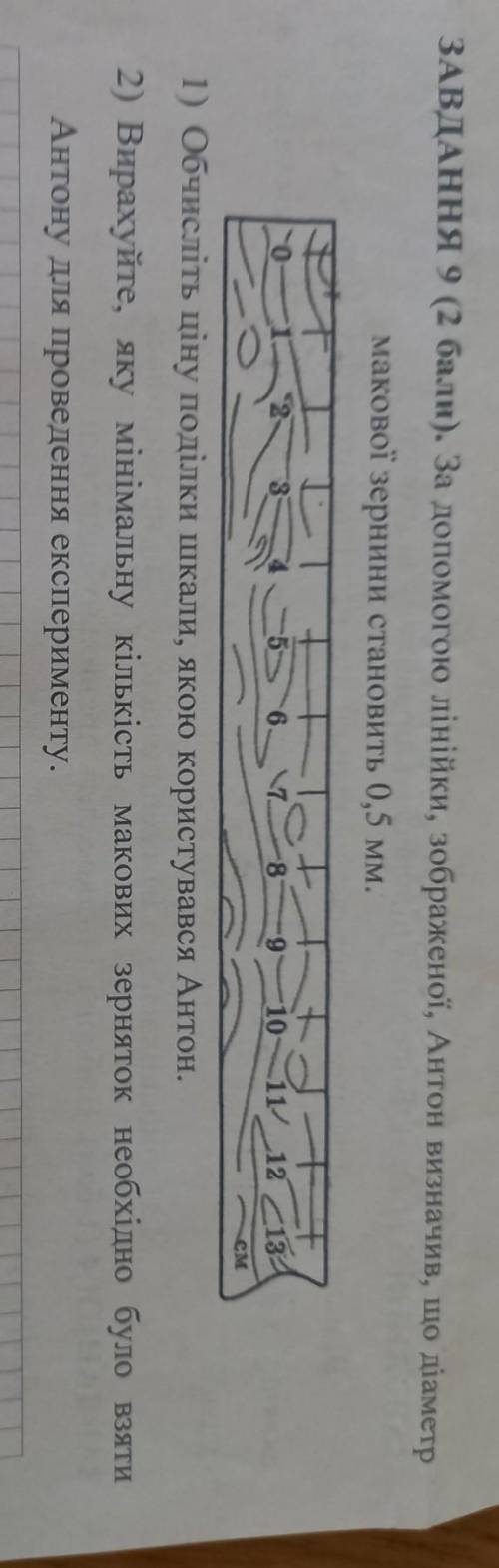 ЗАВДАННЯ 9 ( ). За до лінійки, зображеної, Антон визначив, що діаметр макової зернини становить 0,5