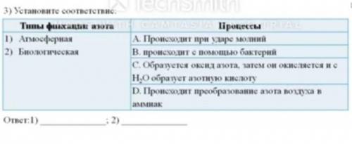 3) Установите соответствие Типы фиихантн азота Процессы I) Атмосфериая 2) Биологическая A. Происходи