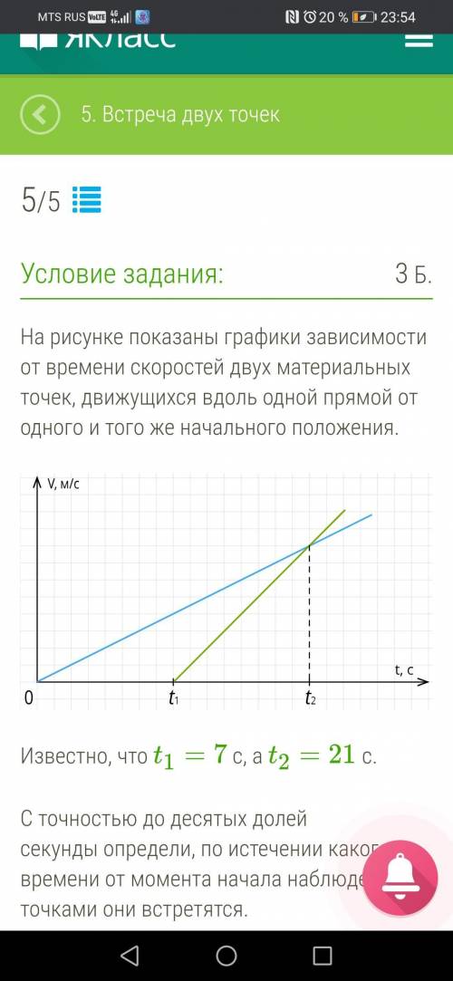 На рисунке показаны графики зависимости от времени скоростей двух материальных точек, движущихся вдо