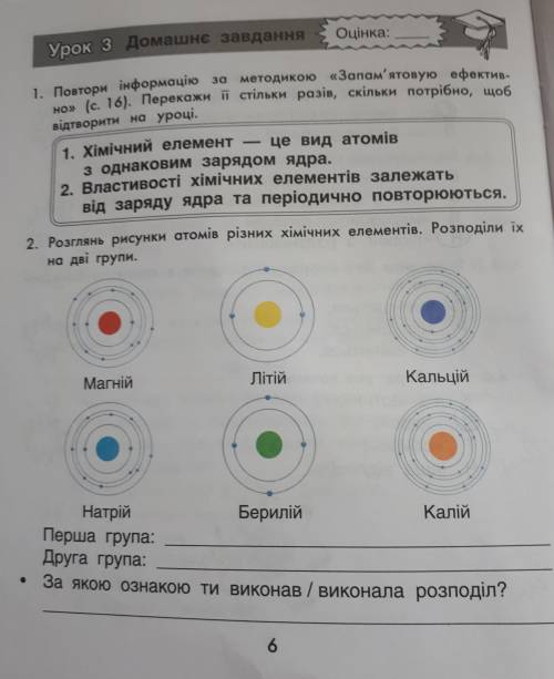 2. Розглянь рисунки атомів різних хімічних елементів. Розподіли їх на дві групи