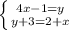 \left \{ {{4x-1=y} \atop {y+3=2+x}} \right.