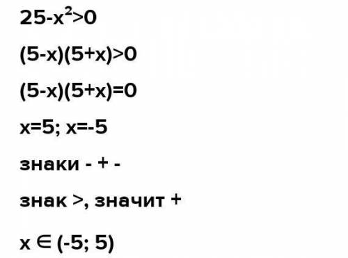 Решением квадратного неравенства 25−x2>0 является: x∈[−5;5] x∈(−5;5) x∈(−∞;−5]∪[5;+∞) x∈(−∞;−5)∪(