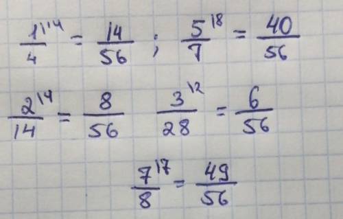 Напишите дроби равные со знаменателем 56 1/4 5/7 2/14 3/28 7/8