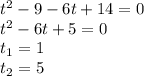 {t}^{2} - 9 - 6t + 14 = 0 \\ {t}^{2} - 6t + 5 = 0 \\ t_{1} = 1 \\ t_{2} = 5