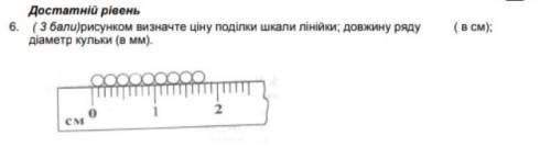 Рисунком визначте ціну поділки шкали лінійки: довжину ряду діаметр кульки (в мм)