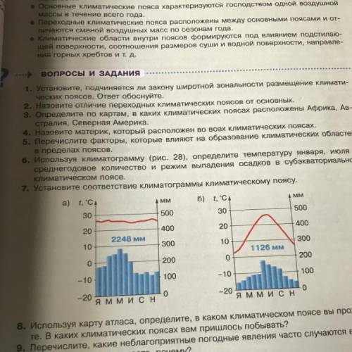 7. Установите соответствие климатограммы климатическому поясу. а) t, С. 4 MM б) t, С 30 500 30 500